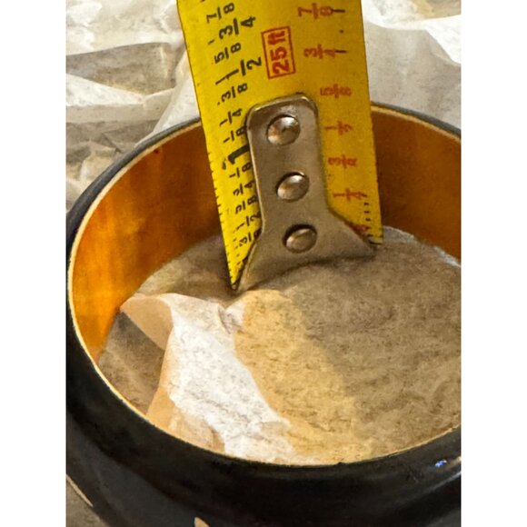 Vintage Black & Yellow Wooden Bangle Bracelet With White Floral Inlay Design 2.5 - Picture 2 of 7